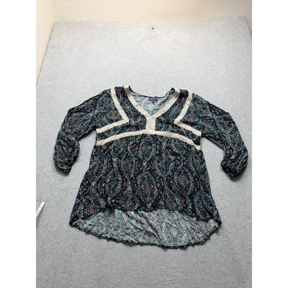 Artesia Navy Blue Paisley Boho Peasant Top Crochet Lace V-Neck High Low Blouse